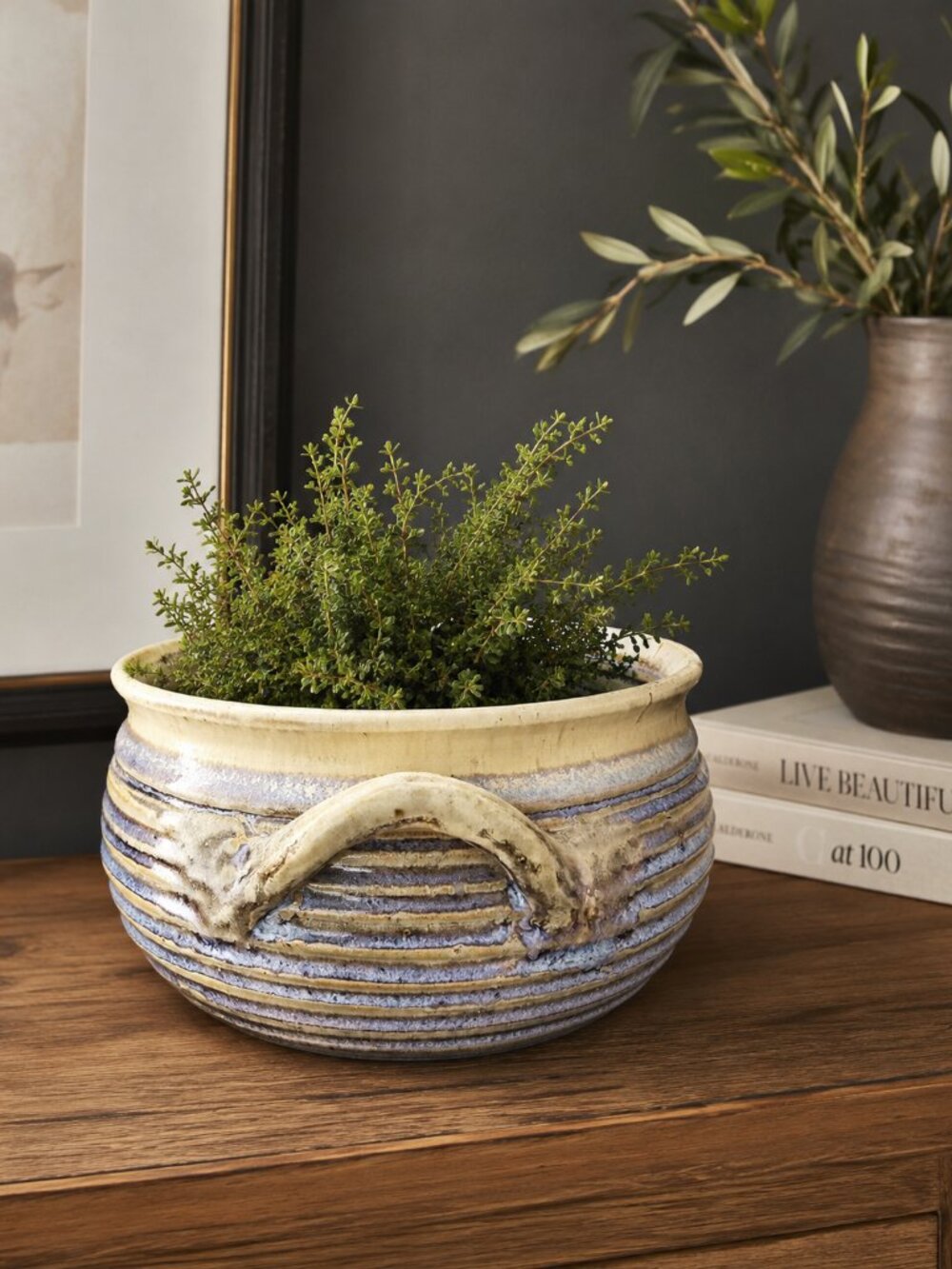 Vintage Studio Pottery Stoneware Bowl Double Handled Ribbed Drip Glaze Signed